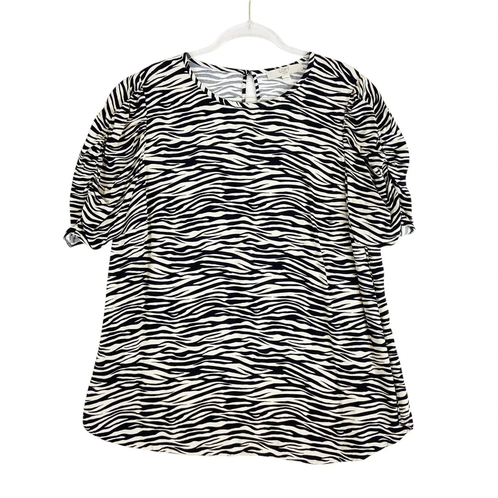 Loft Plus Zebra Print‎ Puff Sleeve Blouse Black White Viscose Size 16